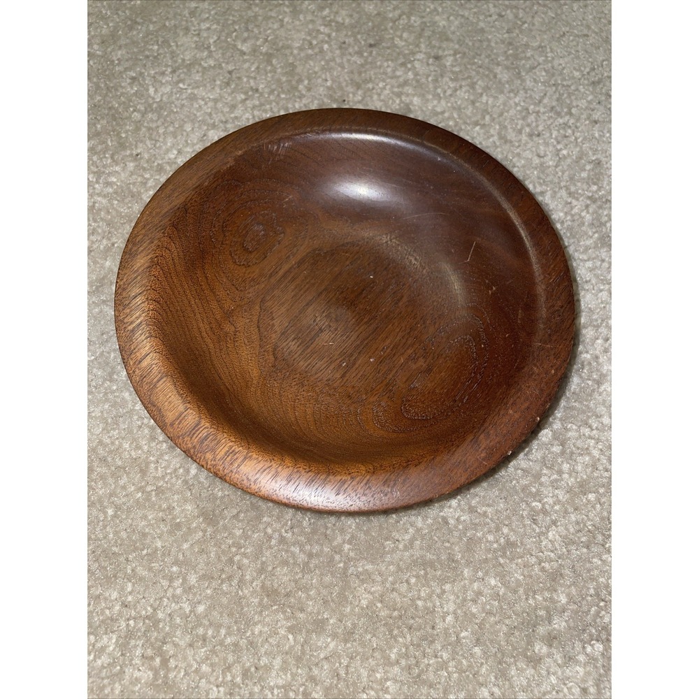 Vintage Solid Wood Round Decorative Bowl 7 Inch Green Felt Bottom Catchall Brown